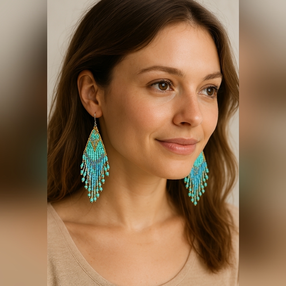 HandcraftedElegant Boho Western Green & Blue Beaded Fringe Earrings Preppy(#093)